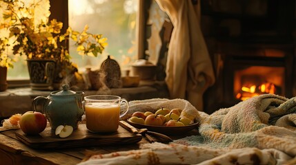 Steaming Cup of Cider with Apples on a Wooden Table