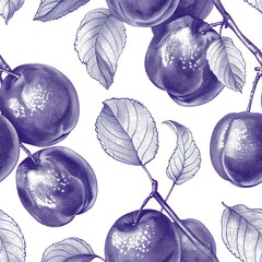 Canvas Print - A decorative pattern featuring illustrated plums and leaves in a blue and white design.