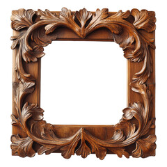 Ornate wooden picture frame with leaf carvings, cut out - stock png.