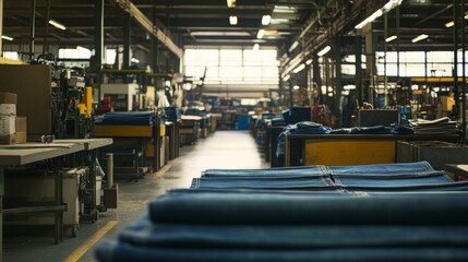 Leinwandbilder - A textile factory filled with large rolls of denim fabric, organized workstations, and natural light streaming through the windows.