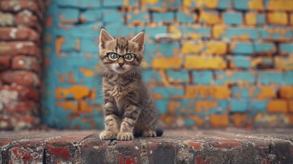 Adorable kitten with glasses against an abstract, colorful background 