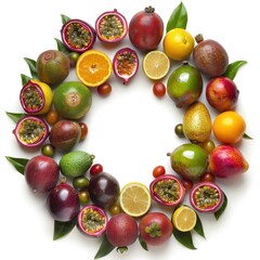 Poster - A circular arrangement of various fruits and leaves, showcasing vibrant colors and textures.