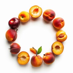 Sticker - A circular arrangement of peaches and plums on a white background.