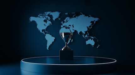 a photo of an empty 3d podium with a football trophy and the world map lit up behind, isolated on a 