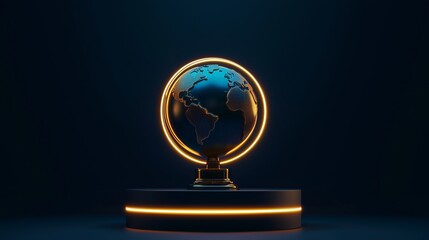 a photo of an empty 3d podium with a football trophy and a glowing world globe, isolated on a dark n