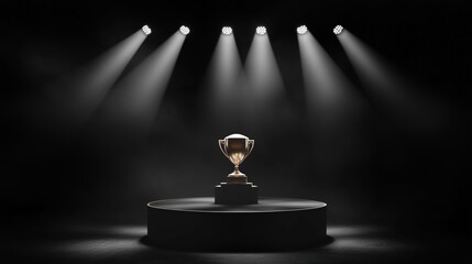a photo of an empty 3d podium with a football trophy and spotlight beams, isolated on a dark black b