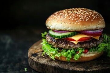 Fresh, delicious burgers with a beef patty, lettuce, onions, tomatoes and cucumbers. with generative ai