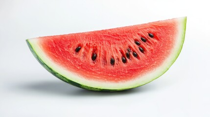 A single slice of ripe watermelon with dark seeds, isolated on a white background.