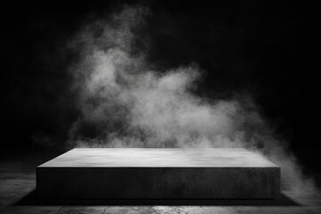Wall Mural - Gray textured concrete platform, podium or table with smoke in the dark with generative ai