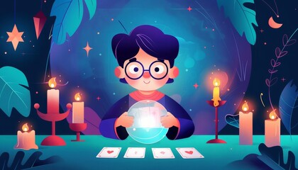 Fortune Teller with Crystal Ball and Tarot Cards