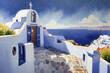 © Julie - Greek architecture overlooking the sea. Watercolor illustration of a Mediterranean village