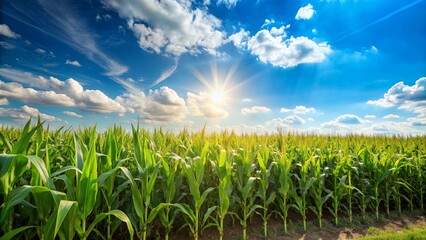 Cornfield under the blue sky on a sunny day, agriculture, farm, crops, growth, rural, nature, organic, harvest, farm, field