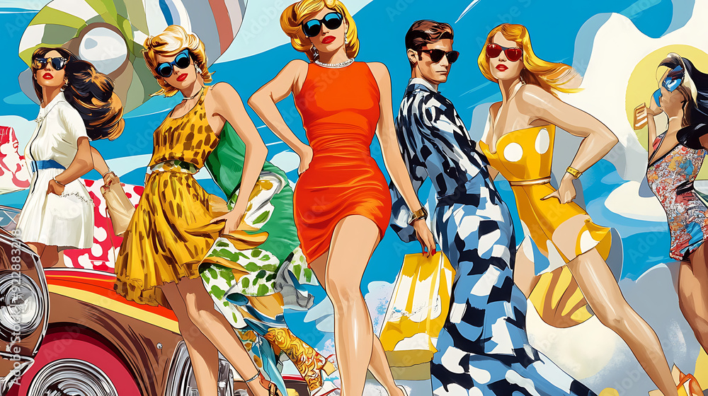 12. An energetic comic book scene of a 1960s fashion runway, featuring ...
