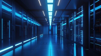 Mysterious bluelit data center hallway with central computer screen for technology and business concept