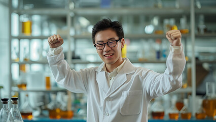 Wall Mural - Asian male chemist, copy space, happily fist pumping