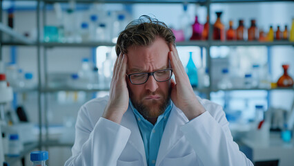 Wall Mural - White male chemist, copy space, struggling with head in hands