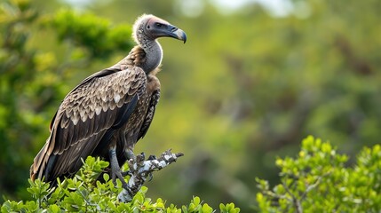 the vulture sits high on a tree looking out for possible meals