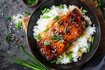 Asian cuisine.Teriyaki soy sauce.Teriyaki.Teriyaki chicken.Bird's-eye view of perfectly cooked teriyaki salmon filet on a bed of rice, with green onions, minimal background