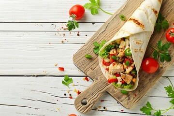 Overhead shot of a delicious teriyaki chicken wrap filled with fresh vegetables, placed on a wooden board, with a clear background.Teriyaki.Teriyaki chicken.Teriyaki soy sauce.Asian cuisine