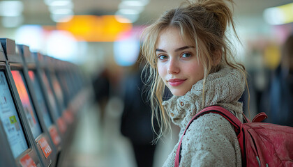 Poster - Young woman smiling, looking at camera, traveling indoors generated by AI