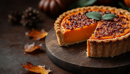 Wall Mural - Sweet pumpkin pie baked on rustic wood table generated by AI