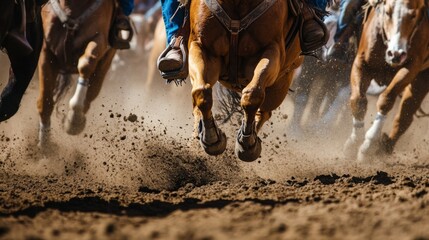 Horses gallop swiftly across a dusty arena, kicking up dirt as riders maintain control during an exhilarating race.