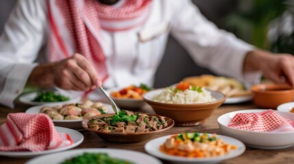 Traditional Arab meal time with family and friends gathered around a table filled with delicious homemade Middle Eastern dishes in a warm cozy indoor setting