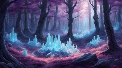 glowing crystals in the forest with trees background