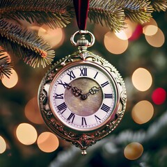 Elegant vintage pocket watch ornament hanging on a festive Christmas tree branch, with warm bokeh lights in the background. Ideal for holiday marketing materials or nostalgic decor concepts.