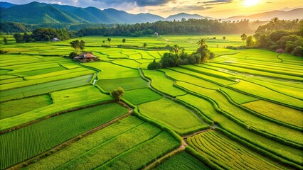 Rice paddies stretching across lush green fields, agriculture, farm, crops, growth, landscape, rural, farming, rice field, paddy