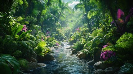 lush tropical rainforest stream with sunlight and pink flowers.