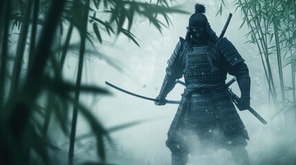 Samurai Warrior in Foggy Bamboo Forest - Japanese Historical Figure, Asian Culture