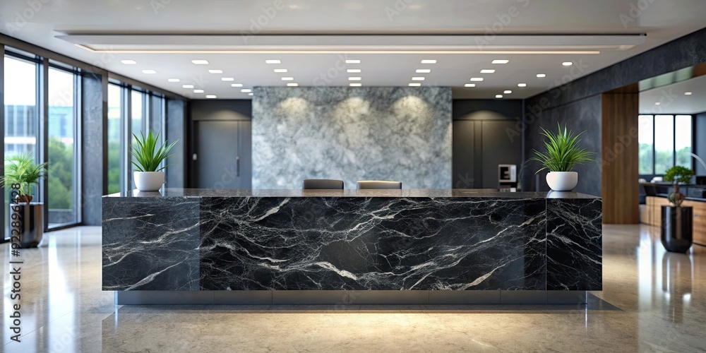 Black marble reception desk blending into a blurred interior background ...