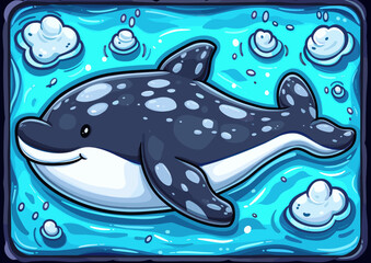 Sticker - Playful Cartoon Orca Whale Swimming with Water Bubbles on a Bright Blue Background, Cute Marine Life Illustration