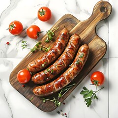 Wall Mural - Plate of tasty Sausages with on white background.