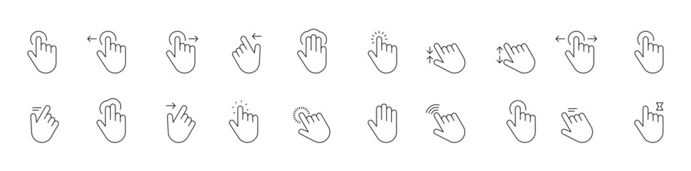 web gesture hand icons. simple icons with hand using smartphone, sign fingers touch, click, zoom, ro