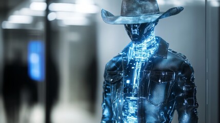 Poster - A mannequin dressed as a cowboy stands in an urban shopping environment, illuminated by blue lights and digital patterns, highlighting cutting-edge technology and design.