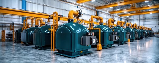 Wall Mural - An array of biomass boilers lined up in an industrial setting, detailed textures and piping, photo-realistic, large-scale energy production