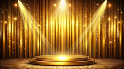 Gold podium on stage with shining spotlight and elegant curtain in background, gold, podium, stage, spotlight