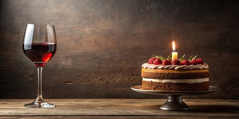 Wall Mural - A delicious birthday cake with a lit candle and a glass of wine , celebration, dessert, sweet, festive, anniversary