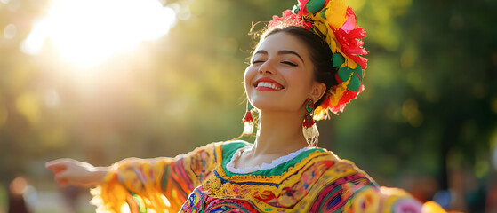 beautiful happy mexican woman outdoors, dancing mexican culture songs