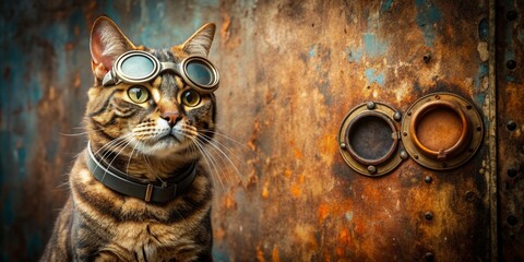 Steampunk cat in goggles against rusty metal background, looking curious, steampunk, cat, goggles, rusty, metal, background