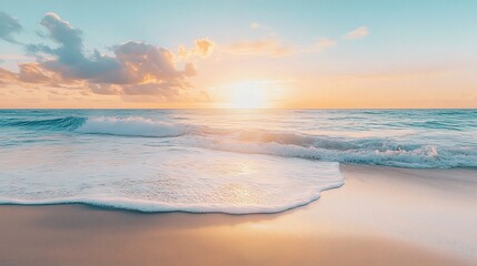 Poster - Golden Hour Beach Serenity: A serene and tranquil beach scene bathed in the warm glow of golden hour. The gentle waves lap at the shore, creating a calming and peaceful atmosphere. 