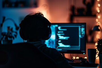Silhouette of a male programmer wearing headphones, working late at night on a computer with programming scripts on the screen, capturing software development and coding.