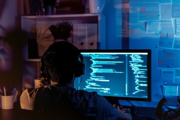 Silhouette of a male programmer wearing headphones, working late at night on a computer with programming scripts on the screen, capturing software development and coding.