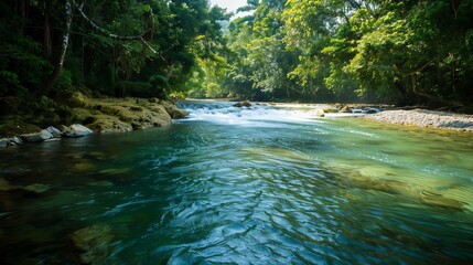 Pristine river with gentle rapids flowing through lush tropical jungle, peaceful nature scene in Jamaica