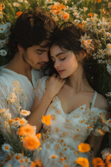 Wall Mural - Couple exchanging vows in a lush garden, soft sunlight filtering through trees, elegant floral arrangements, intimate and romantic setting