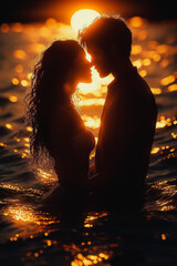 Poster - Sunset beach kiss, silhouette of a couple, golden light reflecting on the water, soft waves, intimate and tender moment, serene and peaceful colors, romantic vibes, 3D abstract background elements