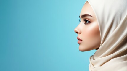 Arab women wearing headscarf take shot from side view, studio photo, isolated on background