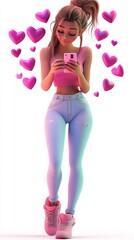 Wall Mural - Illustration of 3d woman with a smart phone and hearts on white background. 3d woman. Illustrations